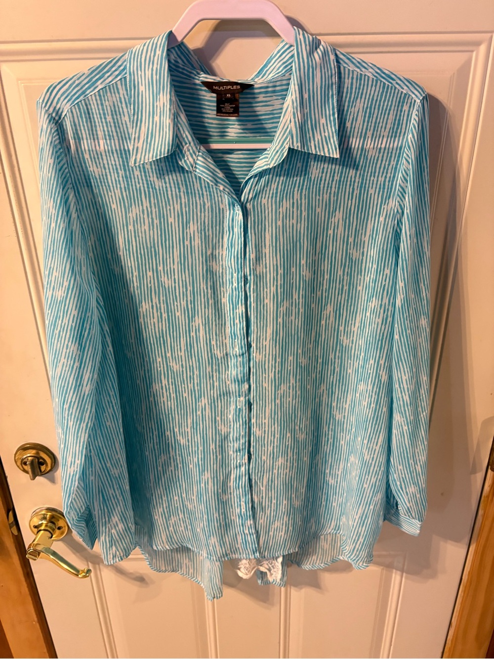 Multiples Aqua and White Striped Button-Up Blouse Size X Large Sheer